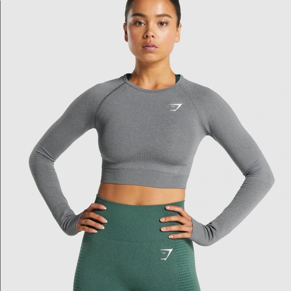 Gymshark VITAL SEAMLESS 2.0 LONG SLEEVE CROP TOP Sz Small Color Smokey Grey Marl
